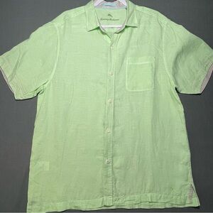 Tommy Bahama Linen Button Front Shirt Green Short Sleeve Mens L
